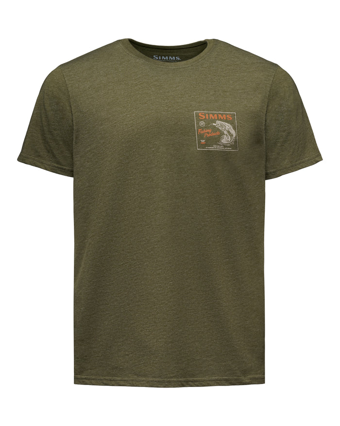 An olive green heather crewneck t-shirt by Simms, featuring a small graphic patch on the left chest with a fish and the Simms brand logo.