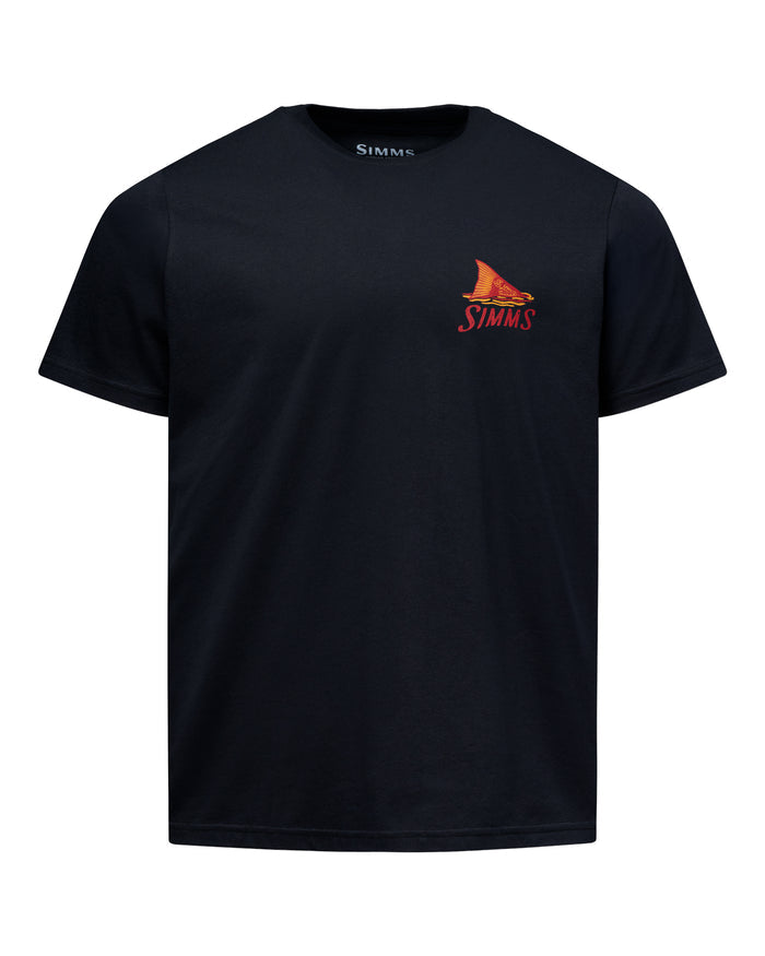 A black short-sleeve crewneck t-shirt with a small red and orange fish logo and the word 'STIMMS' printed on the left chest, displayed on a clean white background.