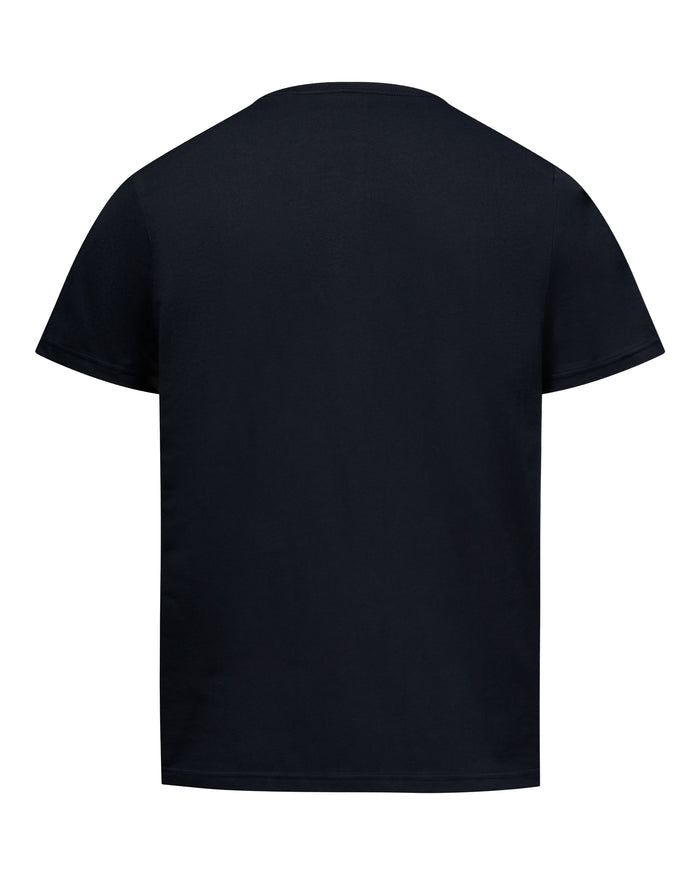 A plain black short-sleeve t-shirt shown from the back, photographed against a solid white background.