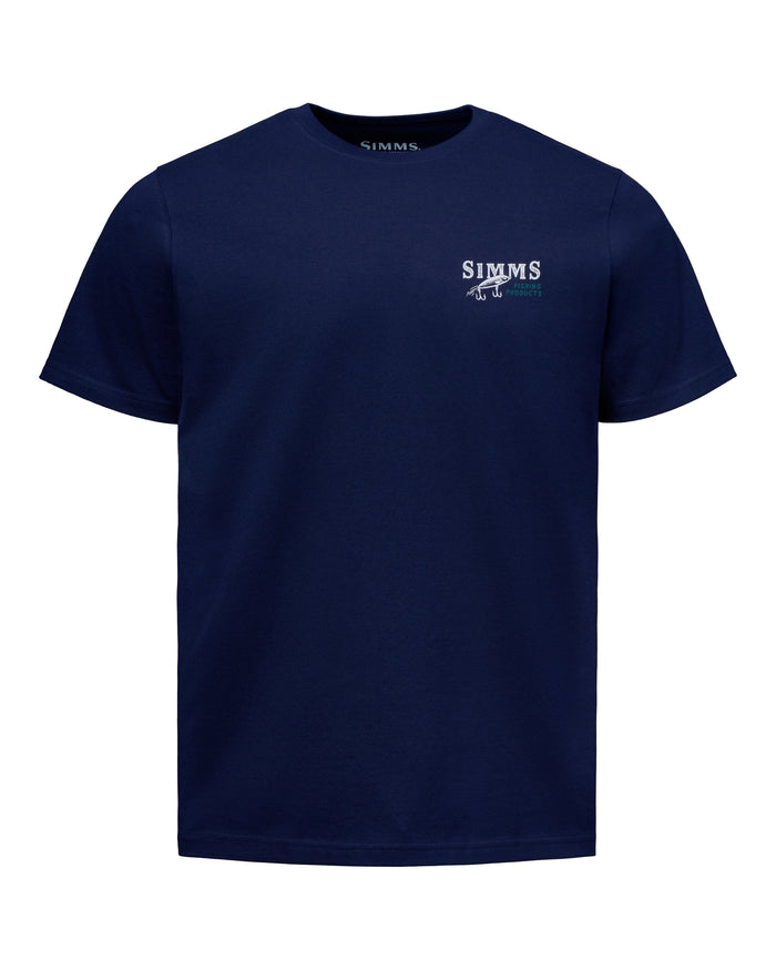 A navy blue short-sleeve crewneck t-shirt with a small white and teal 'SIMMS' logo printed on the left chest, displayed on a clean white background.