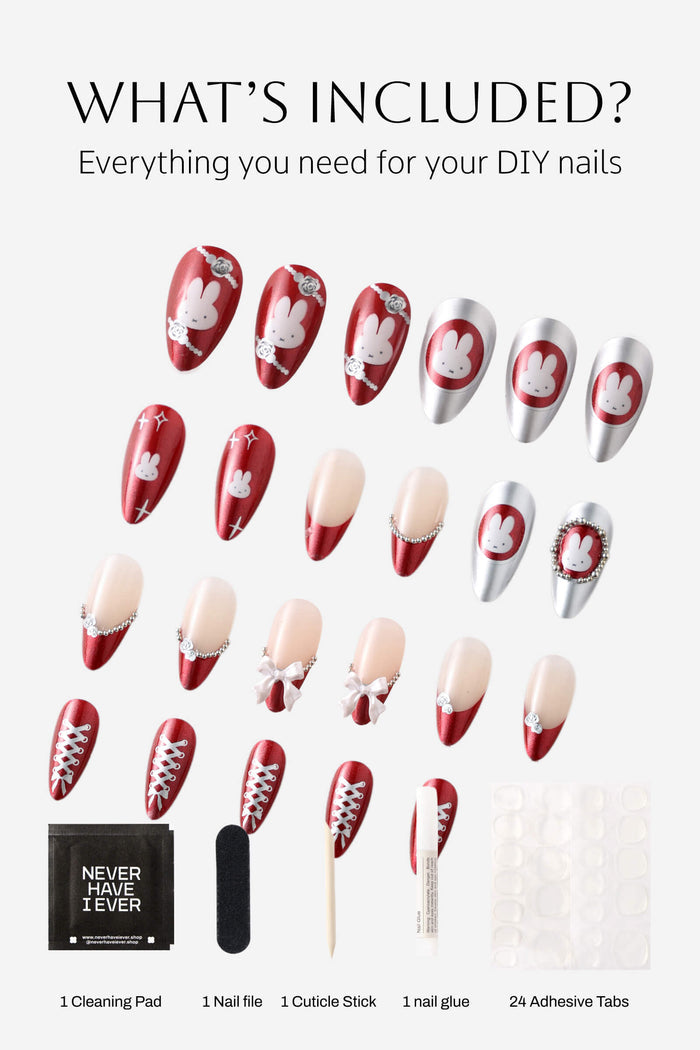 Burgundy Miffy almond press-on nails set with Miffy designs, bows, and lace-up details. Includes application tools and adhesive tabs.