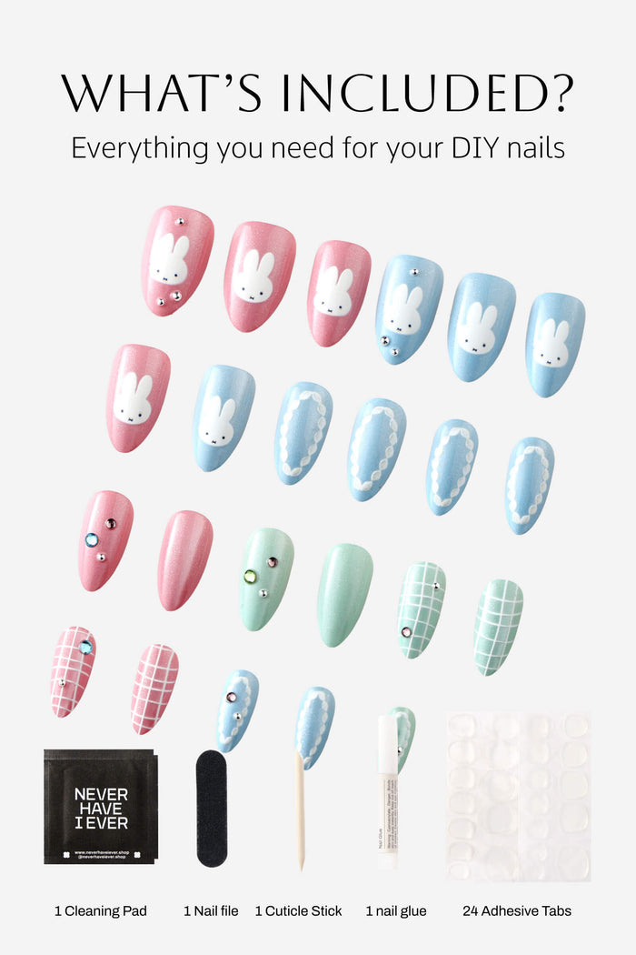 Pastel Miffy almond press-on nails kit with cleaning pad, nail file, cuticle stick, nail glue, and adhesive tabs.