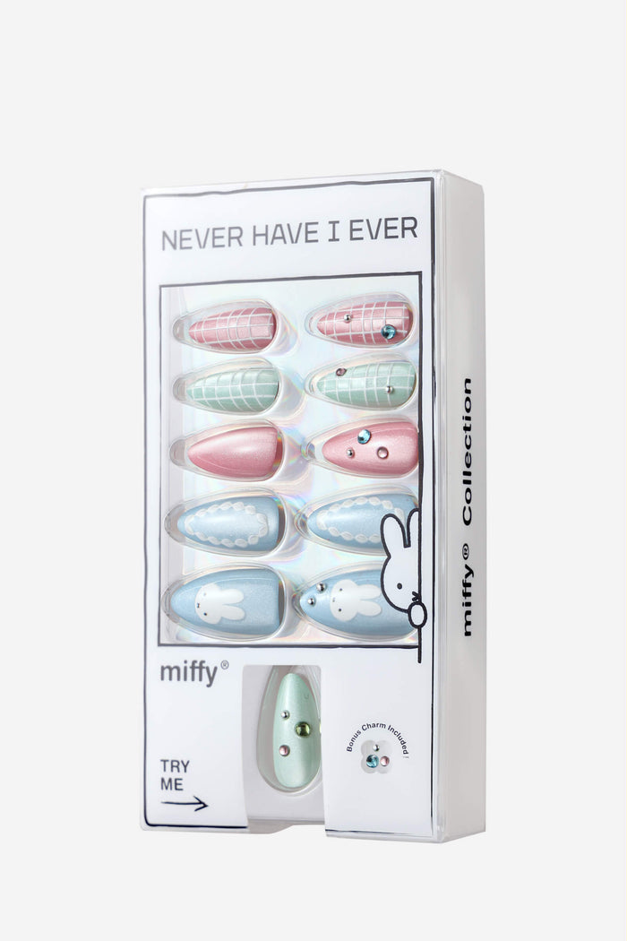 Pastel Miffy almond press-on nails set with grid patterns, Miffy character, and gemstone accents.