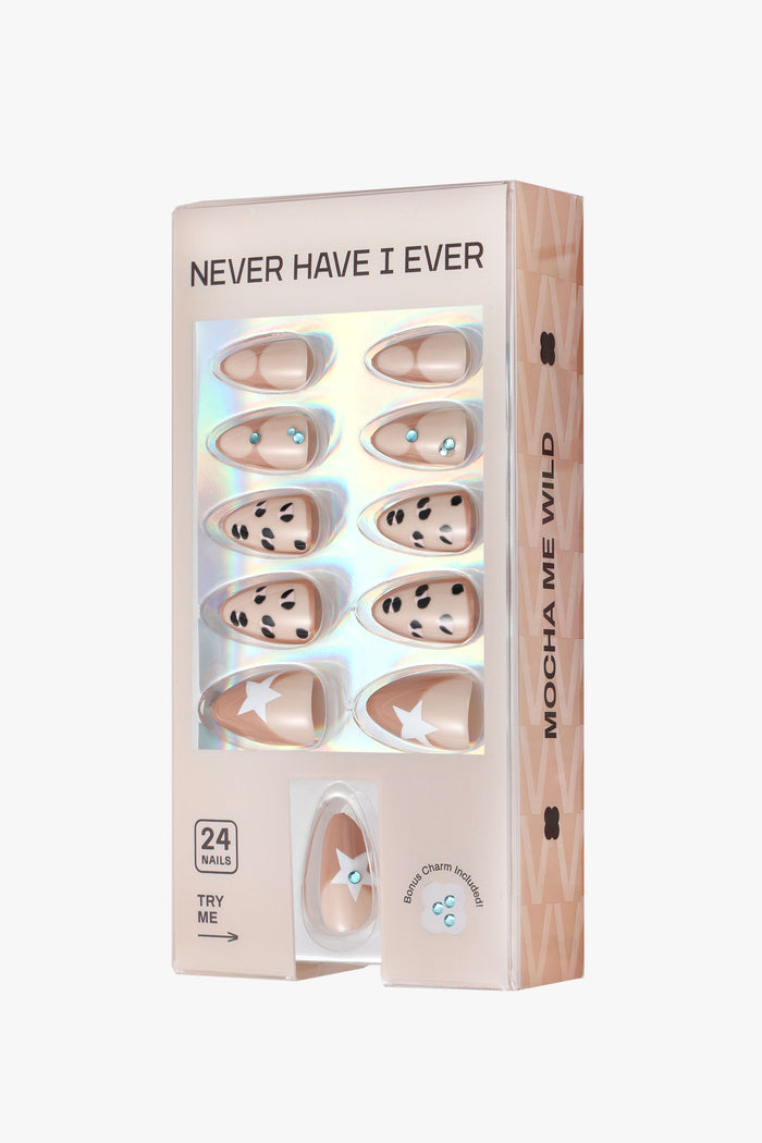 Short almond press-on nails, MOCHA ME WILD, with star and gem designs. "NEVER HAVE I EVER" branding.