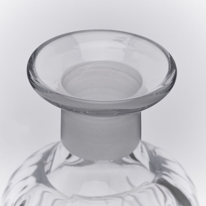 Clear glass decanter with wide flared rim and cylindrical neck, featuring textured lower body.