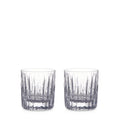Two clear crystal double old-fashioned glasses with vertical cut pattern design.
