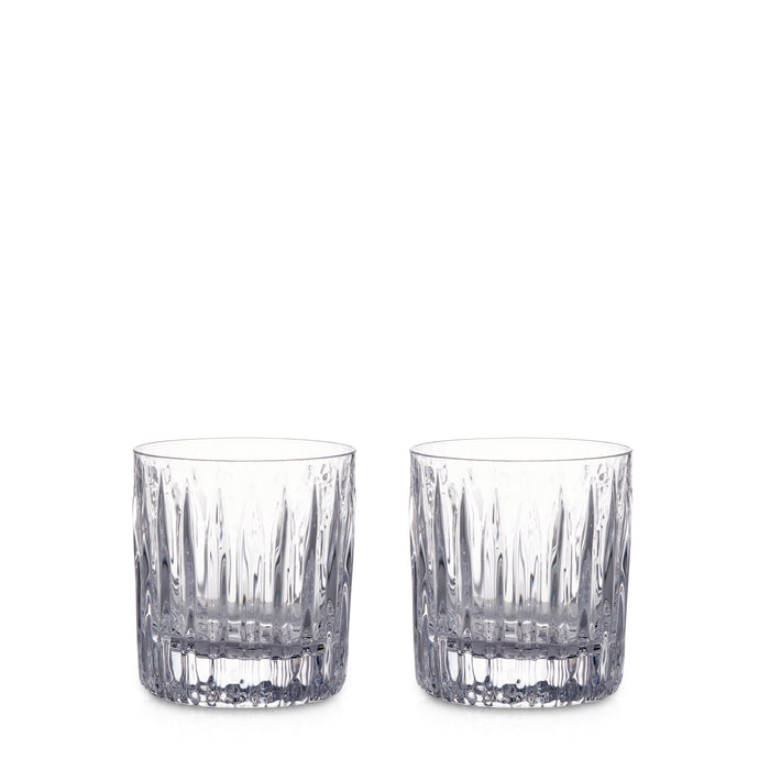 Two clear crystal double old-fashioned glasses with vertical cut pattern design.