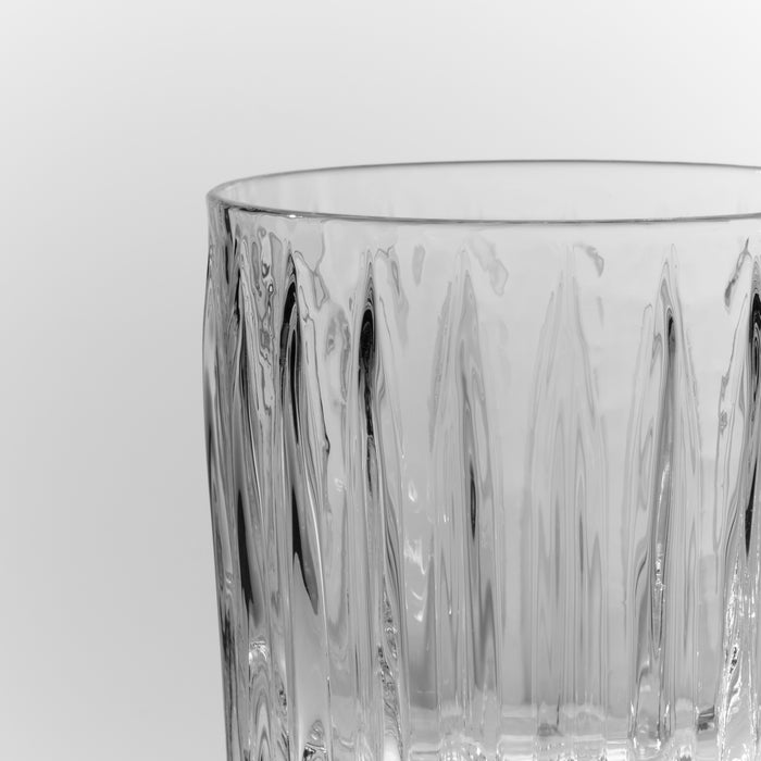 Clear glass double old-fashioned tumbler with vertical ridged pattern and smooth rim.