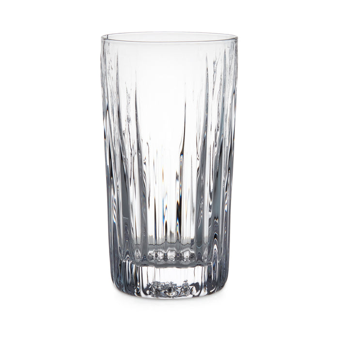 Clear highball glass with vertical ridged pattern and textured base.