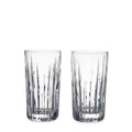 Two clear highball glasses with vertical ribbed texture pattern.