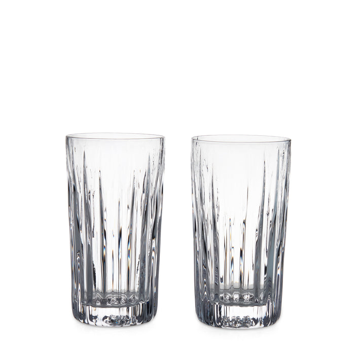 Two clear highball glasses with vertical ribbed texture pattern.