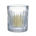 Clear crystal hurricane vase with vertical ribbed pattern holding lit cream-colored candle.
