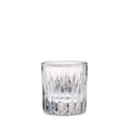 Clear glass tumbler with vertical cut pattern design, empty and ready for use.
