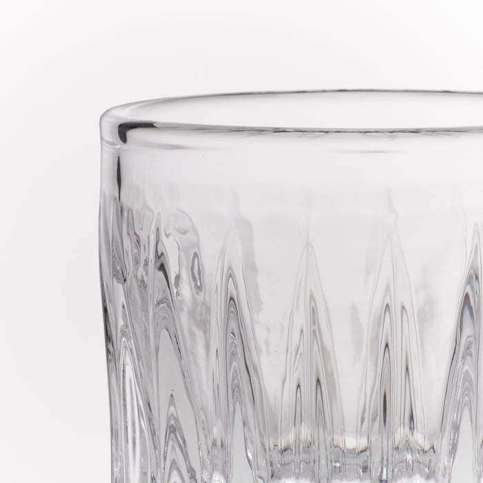 Clear crystal rocks glass with vertical cut pattern design and thick rim.