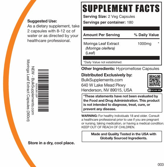 Moringa Extract Capsules 360ct Plain Label
