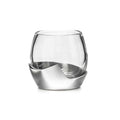 Clear glass globe with silver metal mountain-shaped base on white background.