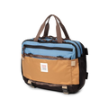 Quarter View of Topo Designs Mountain Cross Bag in "River Blue / Brown Oak"