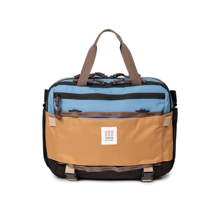 Front View of Topo Designs Mountain Cross Bag in "River Blue / Brown Oak"