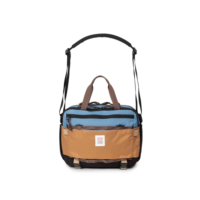 Front View of Topo Designs Mountain Cross Bag in "River Blue / Brown Oak"