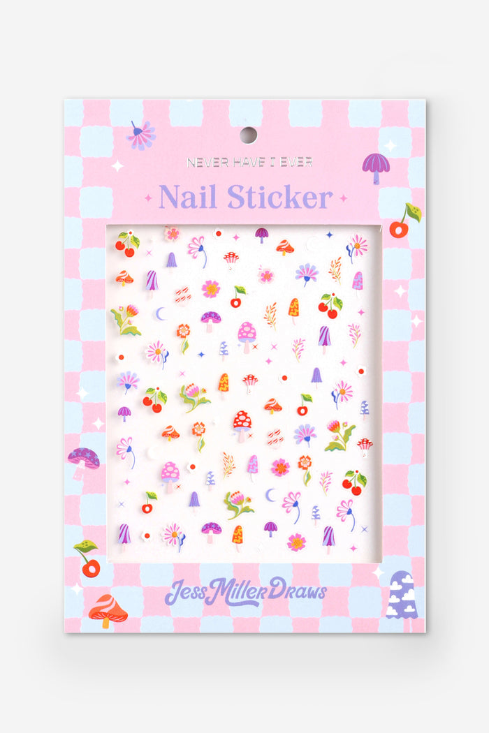 Sheet of playful nail stickers with mushrooms, flowers, cherries, and moons, designed by Jess Miller.