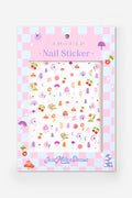 Sheet of playful nail stickers with mushrooms, flowers, cherries, and moons, designed by Jess Miller.