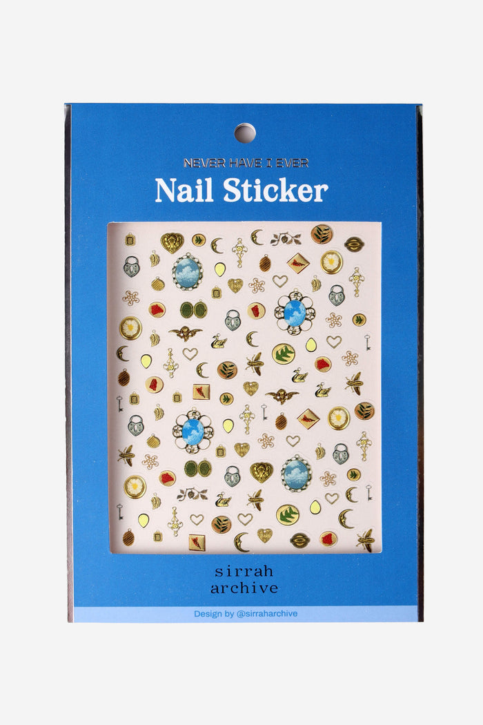 Sirrah Archive nail stickers with vintage designs: lockets, moons, keys, birds, and florals on blue packaging.