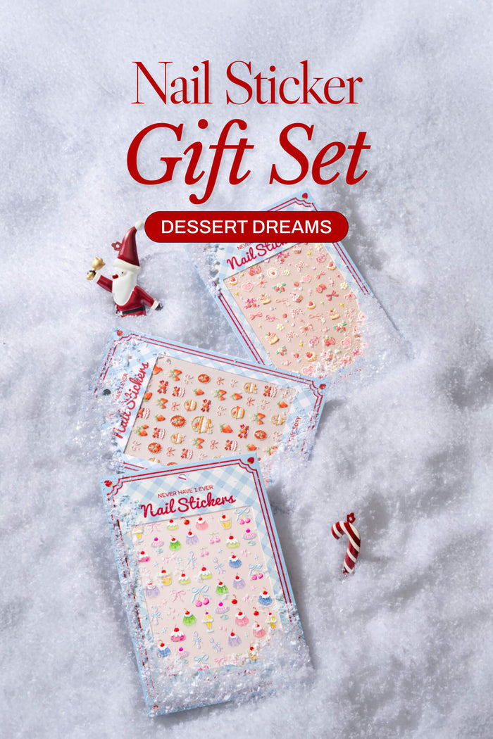 Nail Sticker Gift Set - Dessert Dreams featuring pastel cupcakes, cherries, and bows on snow.