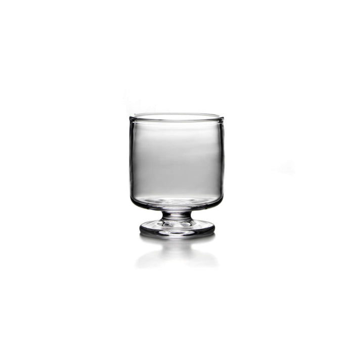 Clear glass hurricane-style candle holder with cylindrical cup and pedestal base.