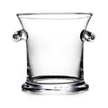 Clear glass ice bucket with scrolled silver handles on each side.