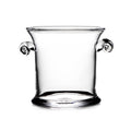 Clear glass ice bucket with curved scroll handles on each side and a wide opening at the top.