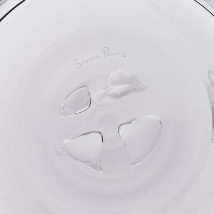 White ice bucket with shell-shaped handles and Simon Pearce maker's mark on lid.