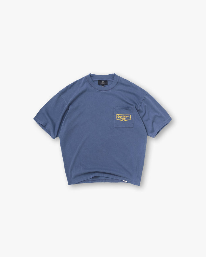 Represent Nothing Faster T-Shirt - Indigo featuring a chest pocket with yellow branding and a vintage wash.