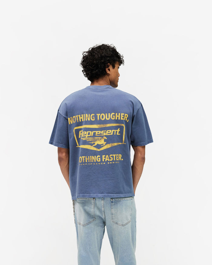 Represent Nothing Faster T-Shirt in Indigo, featuring the Nothing Faster graphic on the back.