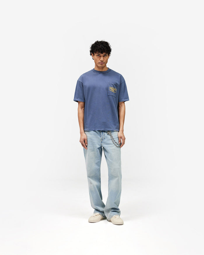 Represent oversized Nothing Faster T-Shirt in Blue featuring a chest patch pocket and vintage finish.