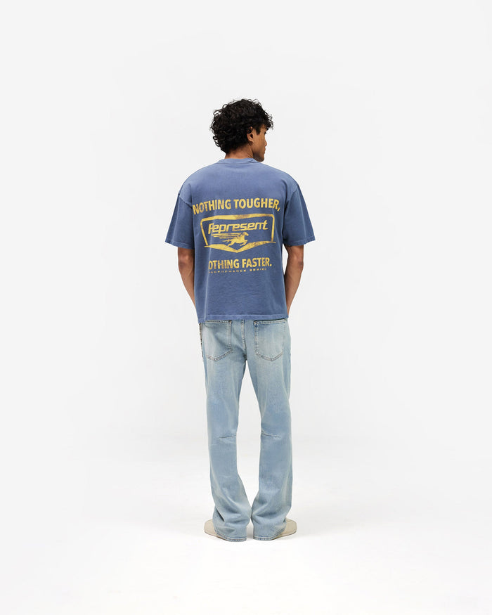 Represent Nothing Faster T-Shirt in Indigo, featuring the vintage motorsport graphic on the back.