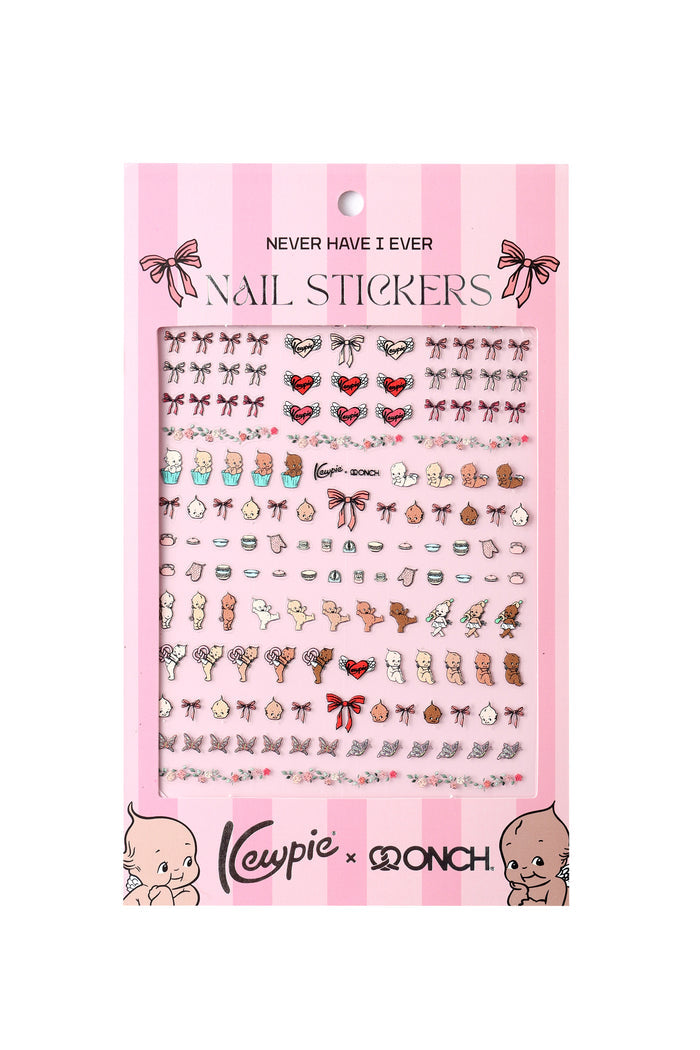 Sheet of Onch x Kewpie nail stickers featuring adorable baby and bow designs. Includes text 'Kewpie x ONCH'.