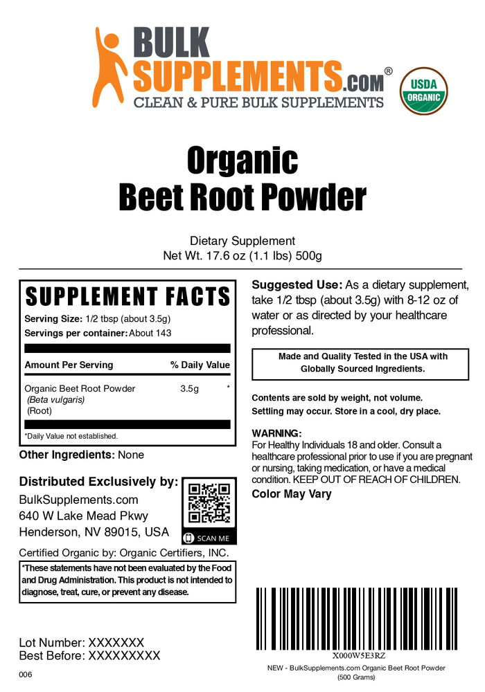 Organic beet root powder label 500g