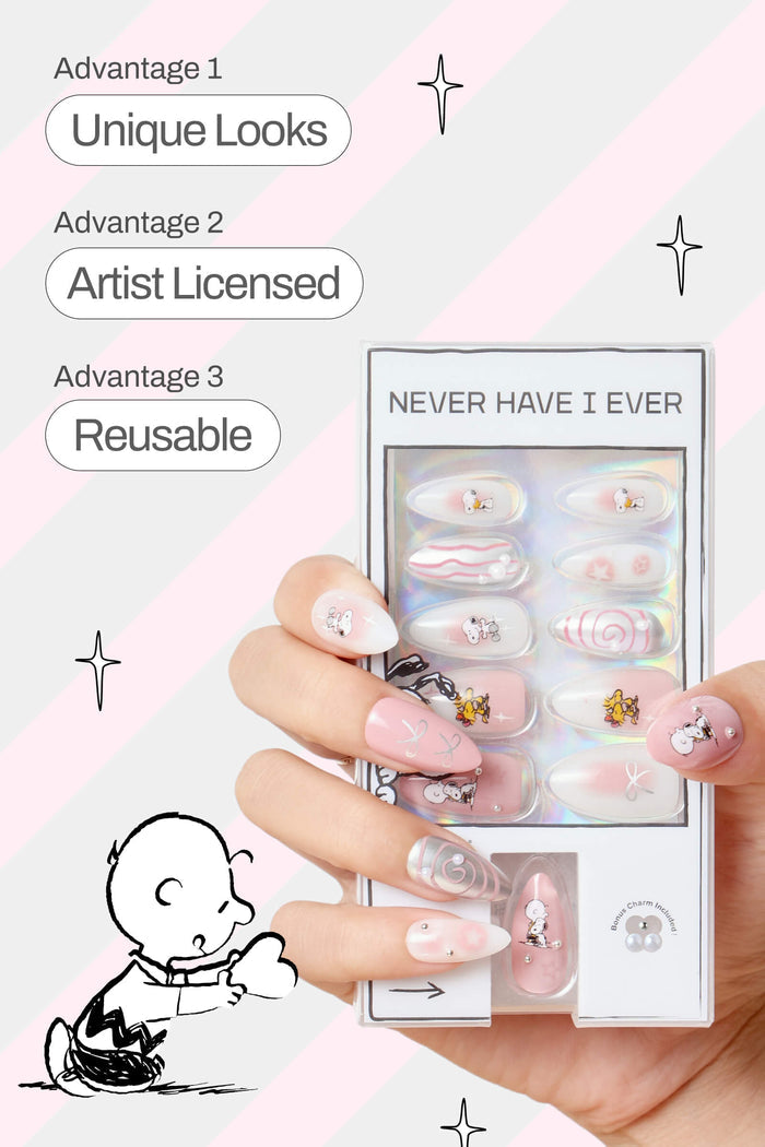 Almond press-on nails with Snoopy & Woodstock, pastel swirls. Highlights unique, artist-licensed, reusable advantages.