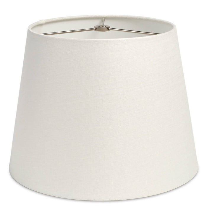 White linen tapered lamp shade with metal spider fitter and support arms.