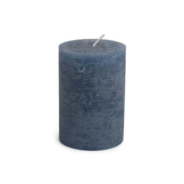 Blue cylindrical pillar candle with gray wick and textured surface.