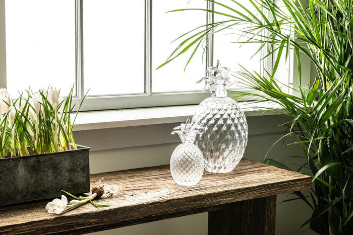 Clear glass pineapple-shaped decorative objects in two sizes on a wooden shelf by a window.