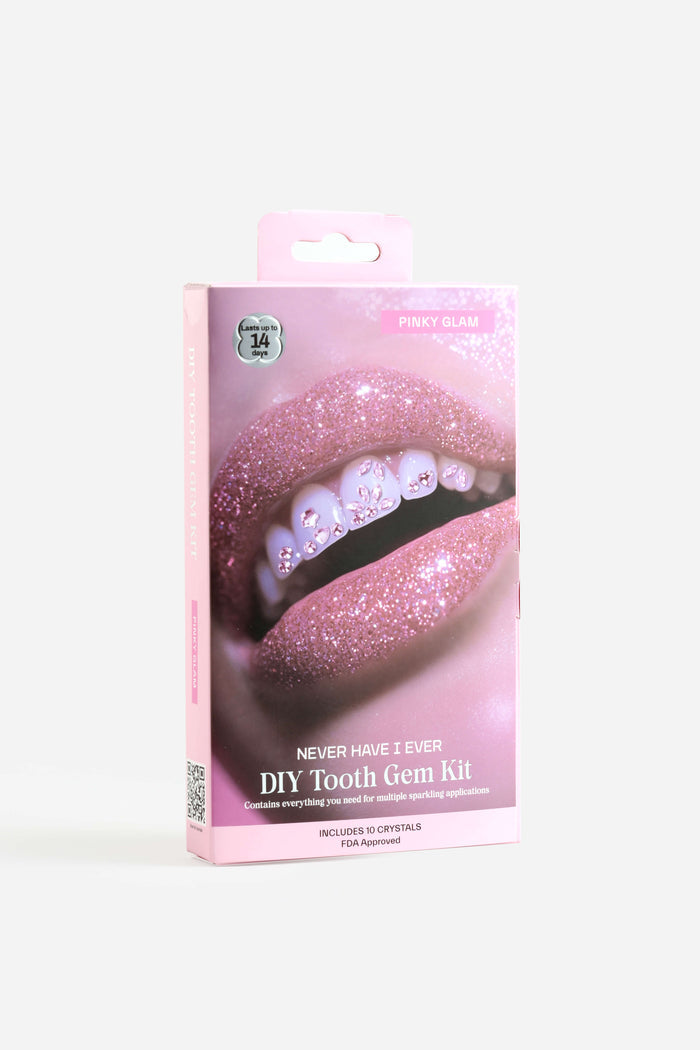 Pinky Glam DIY Tooth Gem Kit box with glittery pink lips and sparkling teeth.