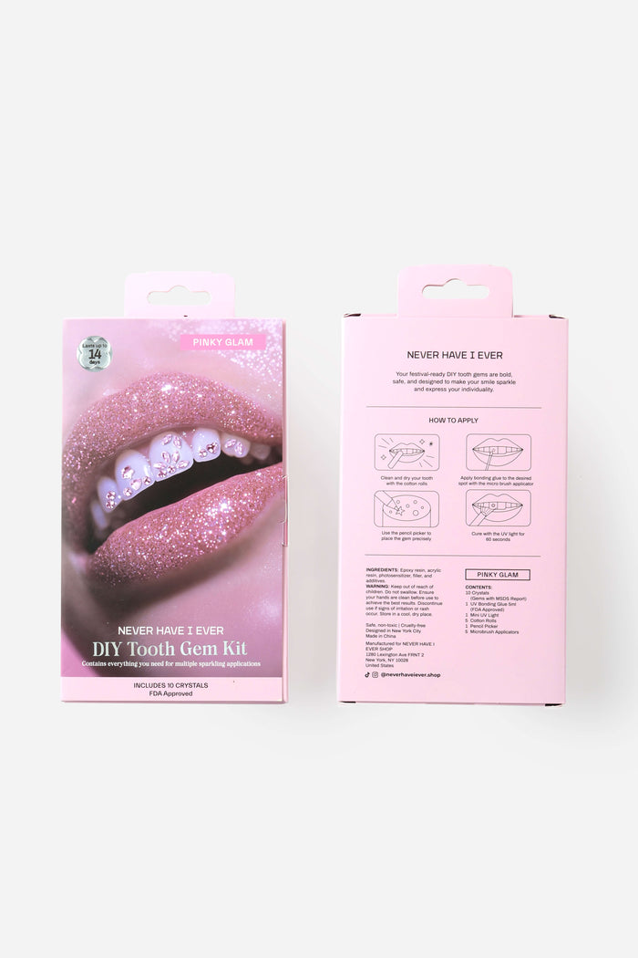 Pinky Glam DIY Tooth Gem Kit packaging, featuring a close-up of a mouth with glittery lips and sparkly pink tooth gems.