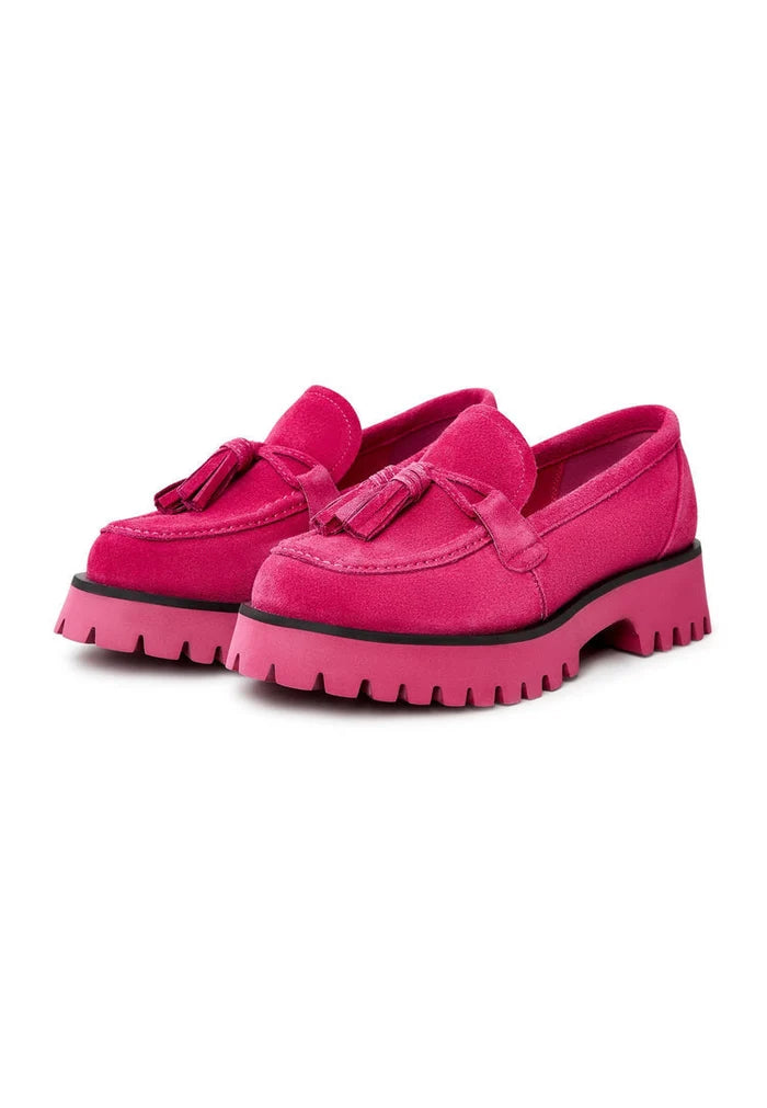 A vibrant pair of fuchsia platform loafers by Ksenia, the perfect trendy shoes for women's footwear fashionistas.