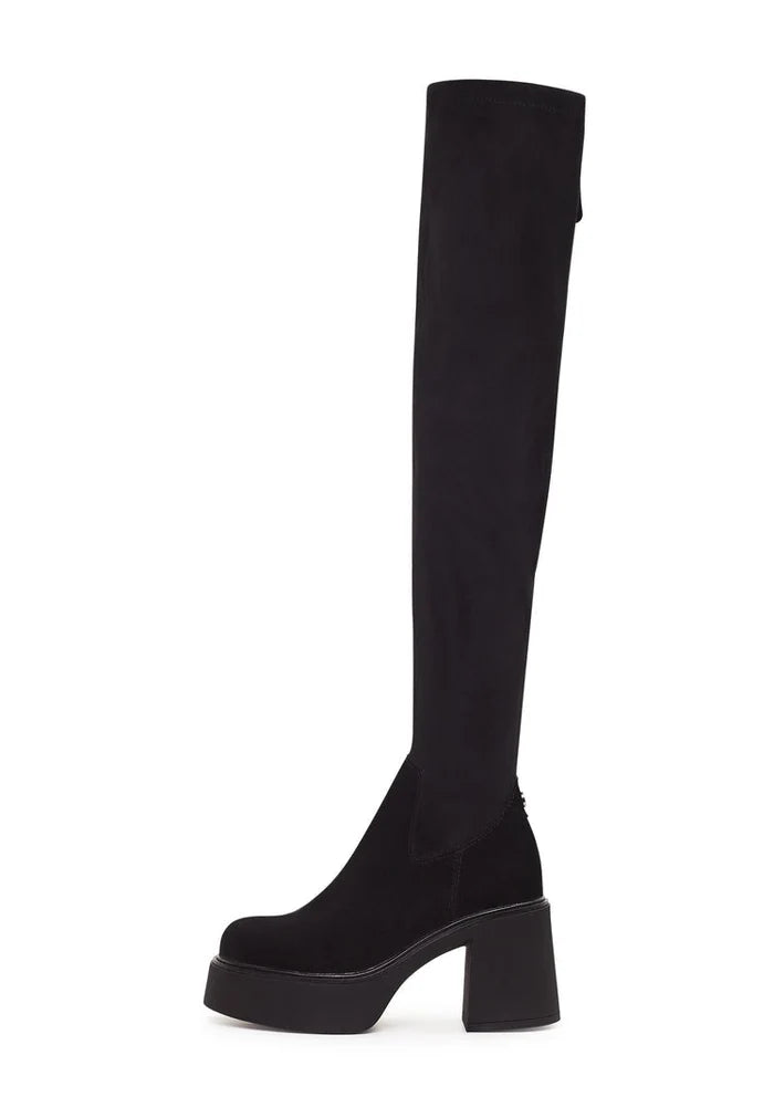 A chic pair of black suede over-the-knee platform boots, the perfect trendy footwear for a fashionable look.