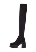 A chic pair of black suede over-the-knee platform boots, the perfect trendy footwear for a fashionable look.