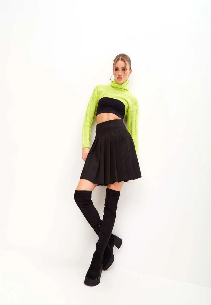 A stylish pair of black suede over-the-knee platform boots, perfect for adding a trendy touch to your outfit.