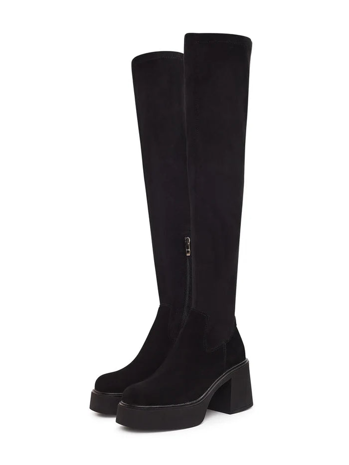 A trendy pair of black suede over-the-knee platform boots, perfect for stepping out in style.