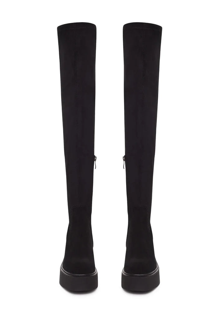 A stylish pair of black suede over-the-knee platform boots, a must-have fashion choice for trendy footwear enthusiasts.