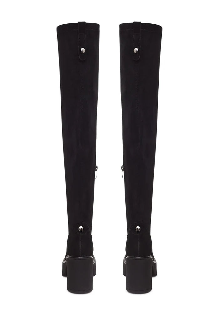 A stylish pair of black suede over-the-knee platform boots, perfect for a trendy footwear fashion statement.